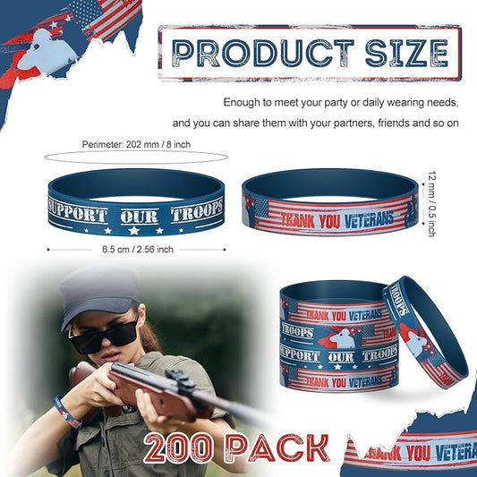 200 piece veterans silicone wristbands with 250th Anniversary American flag design bulk military bracelets for men women memorial day and patriotic party favors