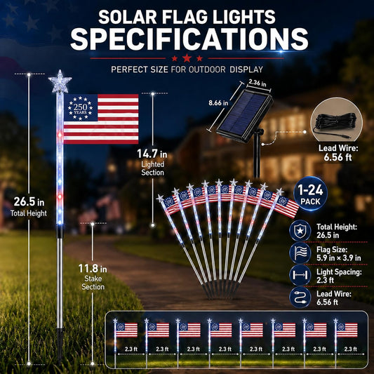 16 piece solar powered American flag patriotic red white blue waterproof LED pathway lights for yard walkway and 4th of July outdoor decoration