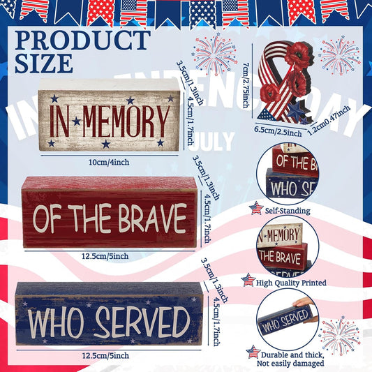 4 piece red white blue wood patriotic tabletop decorations and centerpiece signs for Memorial Day 4th of July tiered tray home shelf and office