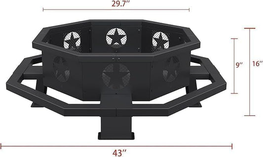 43-inch octagonal black steel wood burning fire pit set up in a backyard patio at dusk with flames burning