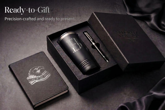 Onebttl personalized men's gift set with 20oz stainless steel tumbler, artisan journal with gold foil cover, and signature pen in a premium gift box