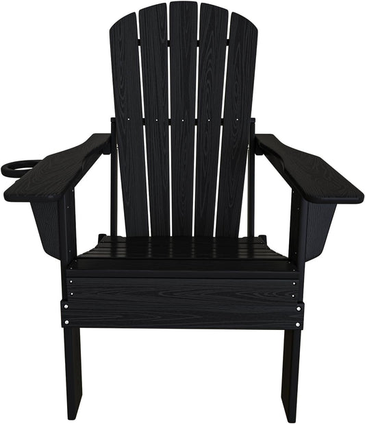Plawdlik folding Adirondack chair set of 4 in black HDPE with wood texture finish and cup holders arranged on backyard patio