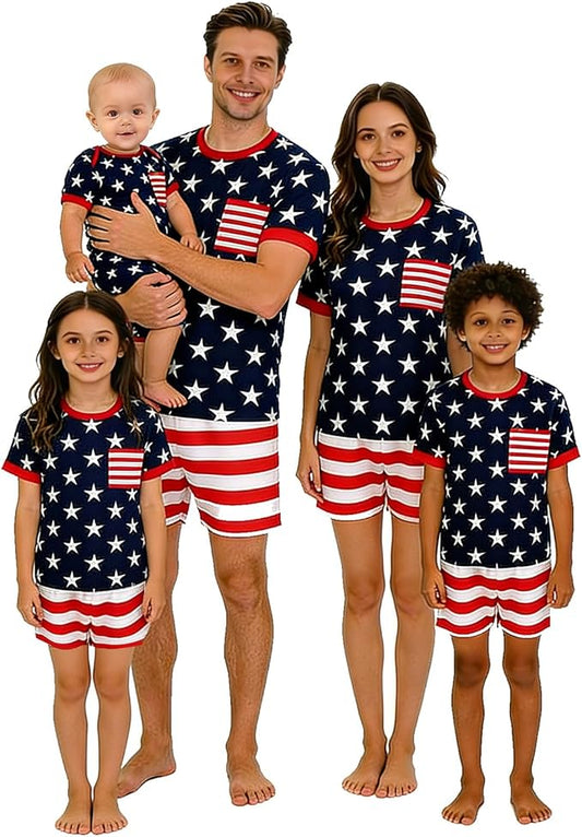 Family matching 4th of July patriotic stars and stripes pajama set for adults and kids