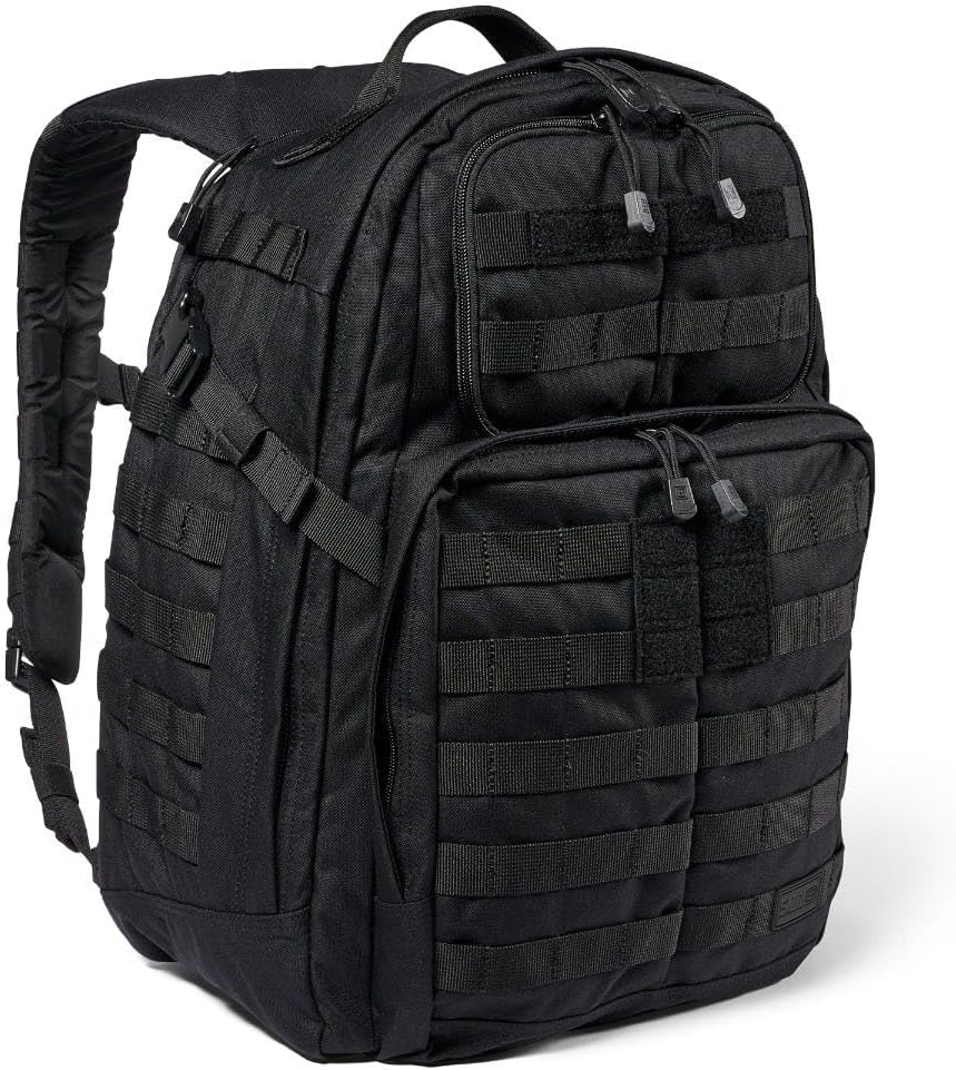 5.11 Tactical RUSH 24 2.0 37L military backpack in black with MOLLE webbing, padded shoulder straps and multiple compartments, ideal for veterans and law enforcement.