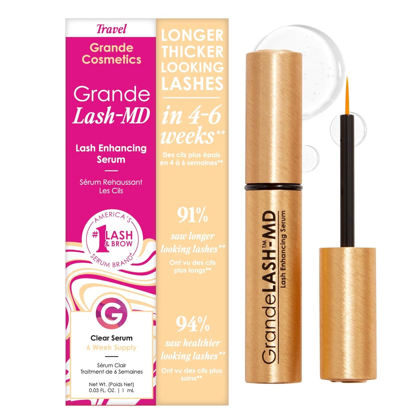 Grande Cosmetics GrandeLASH-MD Lash Enhancing Serum — peptide and vitamin-infused formula for longer, thicker, fuller lashes, ophthalmologist tested and cruelty-free, available at VeteransValueHub.