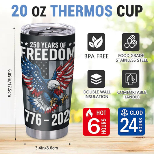 250th Anniversary patriotic 20oz insulated tumbler with lid featuring vintage eagle 1776-2026 freedom celebration design
