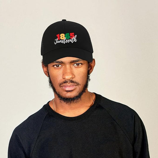 Black Juneteenth trucker hat with Celebrate 1865 design for men and women