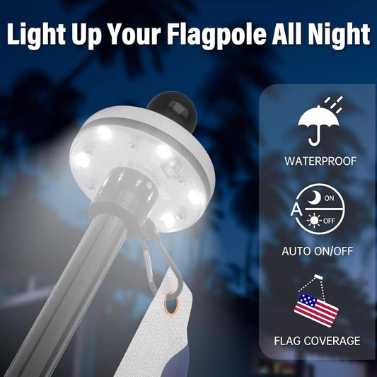 5 foot black stainless steel flag pole kit with solar light and embroidered American flag mounted on a residential home