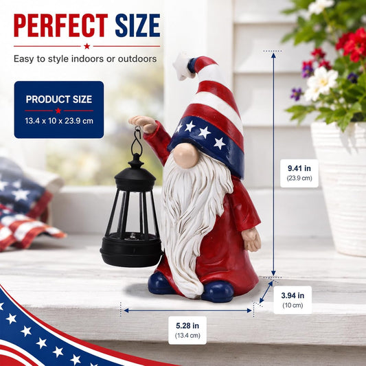 9.4 inch solar patriotic gnome lantern statue with American flag design glowing in a garden at dusk for 4th of July decoration