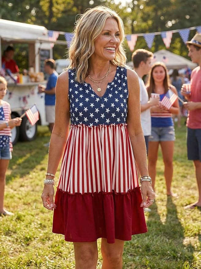 American Flag Star Vertical Striped Ruffled Mini Dress