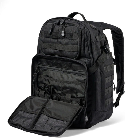 5.11 Tactical RUSH 24 2.0 37L military backpack in black with MOLLE webbing, padded shoulder straps and multiple compartments, ideal for veterans and law enforcement.