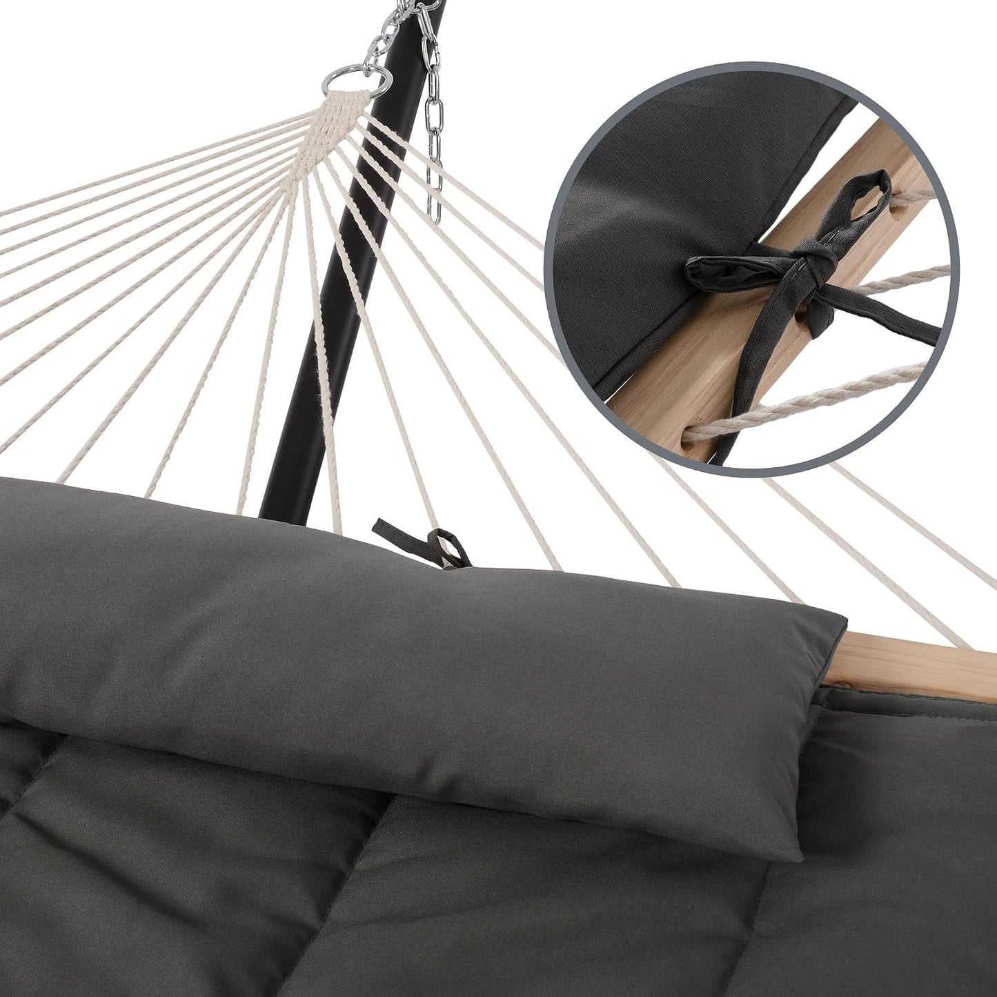 SUNCREAT double outdoor hammock in dark gray with quilted polyester pad and steel stand set up in backyard for two person lounging