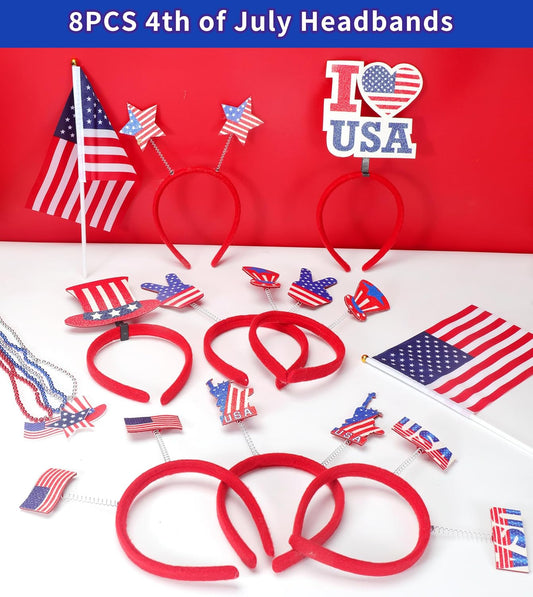 188 piece 4th of July party favors and accessories set including headbands glasses necklaces bracelets tattoo stickers and USA flag decorations