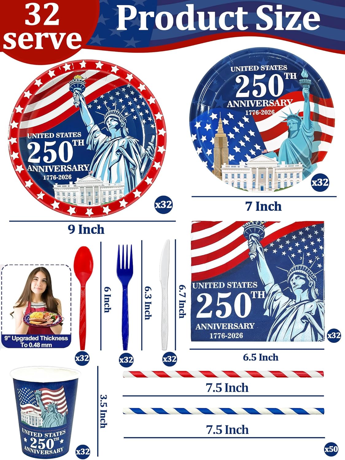 256-piece 4th of July patriotic party supplies set in red white and blue including disposable plates cups napkins cutlery forks spoons and straws serving 32 guests