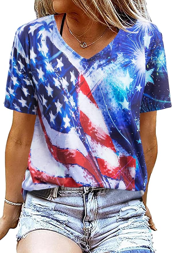 American Flag T Shirt Women USA Star Stripes Fourth July Tee Shirts Casual America Flag Print V Neck Tee Tops