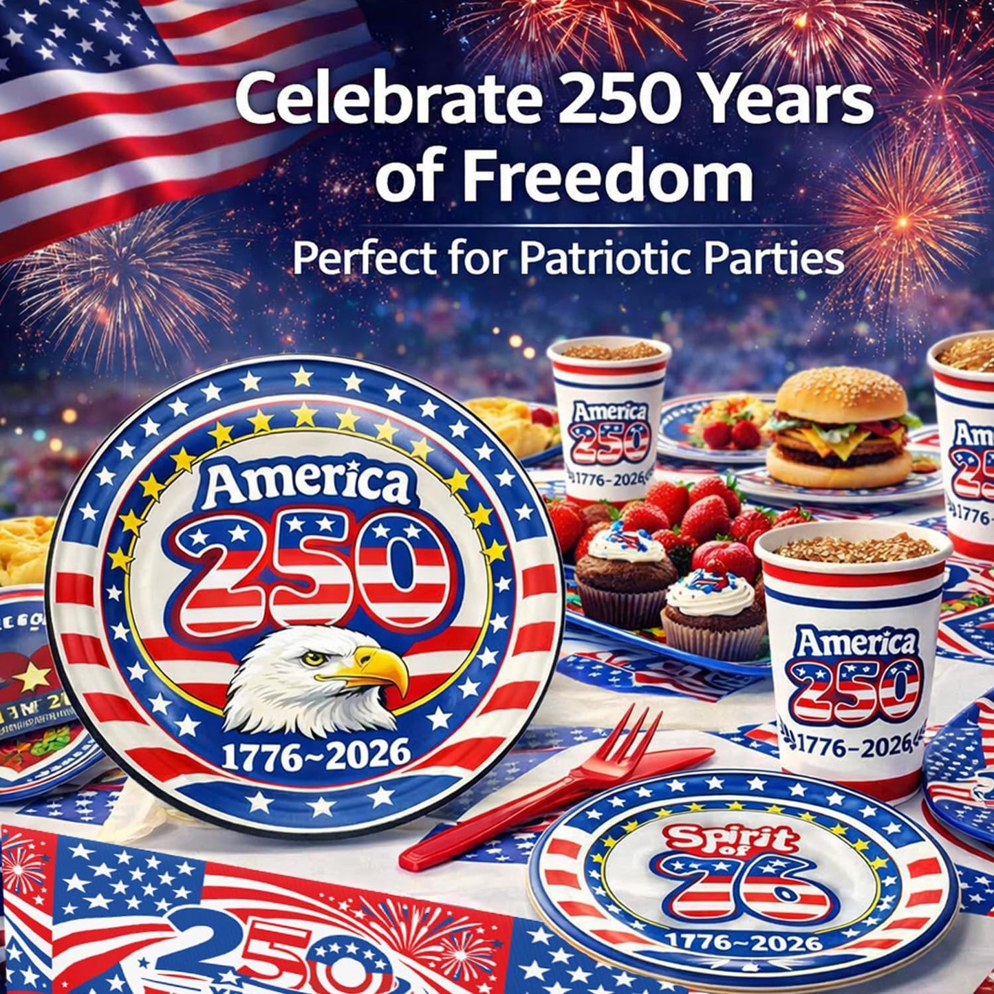 252 piece America 250th Anniversary party supplies set 1776-2026 patriotic decorations serving 50 guests with plates cups napkins tablecloths knives and forks for 4th of July