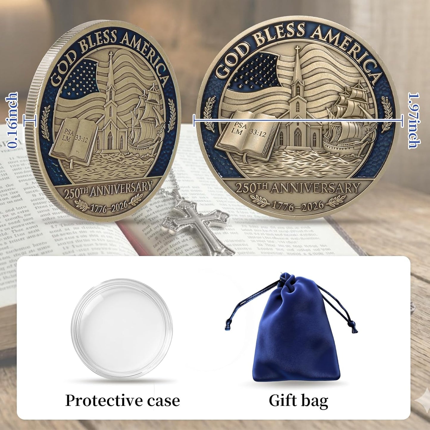 USA 250th Anniversary Christian Faith Commemorative Coin (1776–2026) — God Bless America Patriotic Challenge Coin | Mayflower Compact & Declaration of Independence