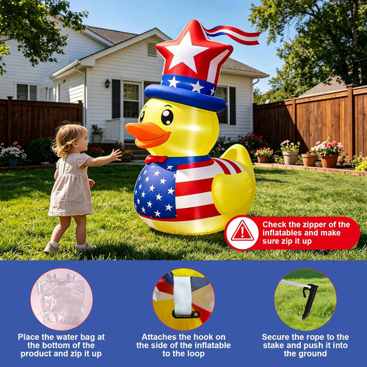 5 foot patriotic inflatable duck with built-in LED lights displayed in a yard for 4th of July decoration
