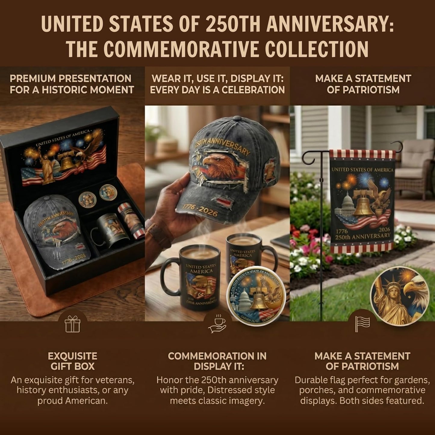 USA 250th Anniversary Gift Set — Patriotic Hat, Garden Flag, Mug & Commemorative Coin for Dad, Veterans & July 4th