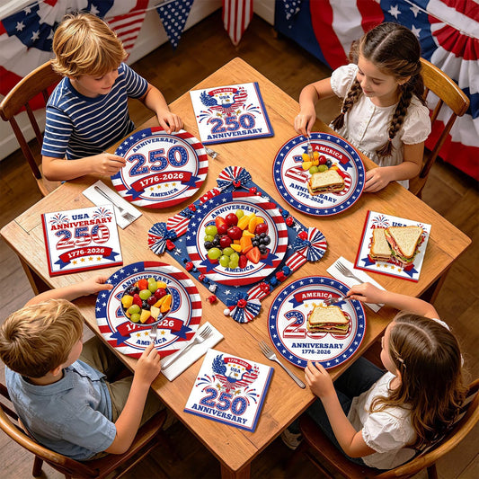 USA 250th Anniversary disposable paper plates and napkins set serving 25 with 1776-2026 patriotic design for 4th of July Independence Day party supplies