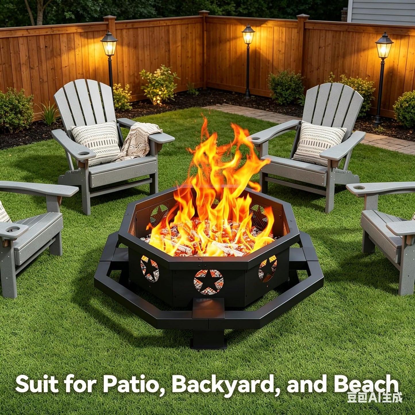 43-inch octagonal black steel wood burning fire pit set up in a backyard patio at dusk with flames burning
