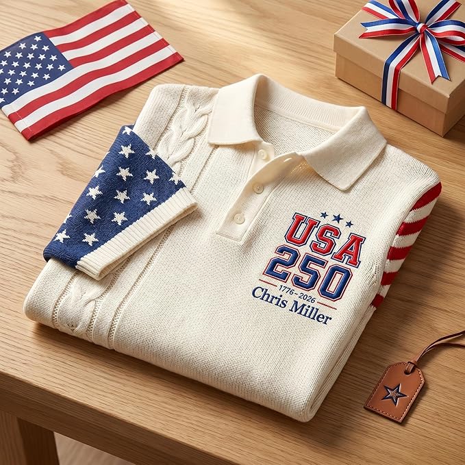 Personalized Embroidered USA 250 Patriotic Knit Sweater Polo | Custom Name | 1776-2026 Independence Day American Flag | 4th of July Gift for Men