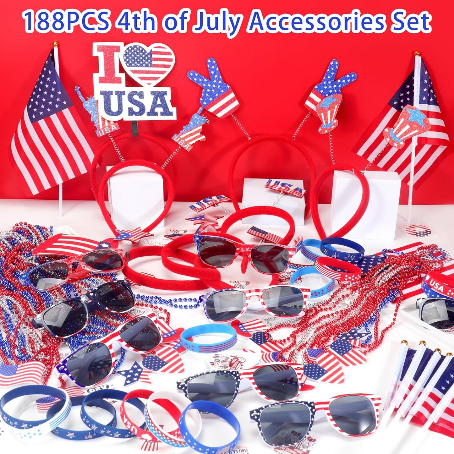 188 piece 4th of July party favors and accessories set including headbands glasses necklaces bracelets tattoo stickers and USA flag decorations