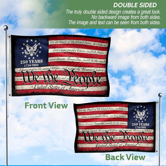 250th Anniversary USA commemorative two-sided 3x5 ft patriotic house flag displayed outdoors