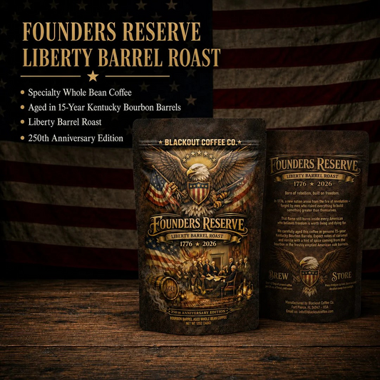 Blackout Coffee Liberty Collector's Crate — limited edition 250th Anniversary gift set with bourbon barrel aged coffee, handmade Liberty Bell mug, challenge coin, and engraved coffee scoop