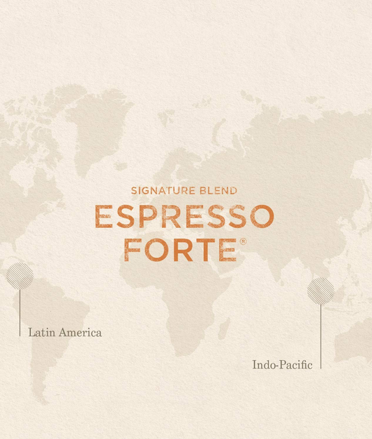 Peet’s Espresso Forte dark roast coffee bag with chocolate truffle, lemon curd, and hazelnut flavor notes.
