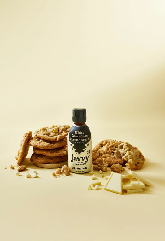 Javvy Coffee Concentrate in White Chocolate Macadamia flavor — smooth, nutty, creamy white chocolate and toasted macadamia, no brewer needed