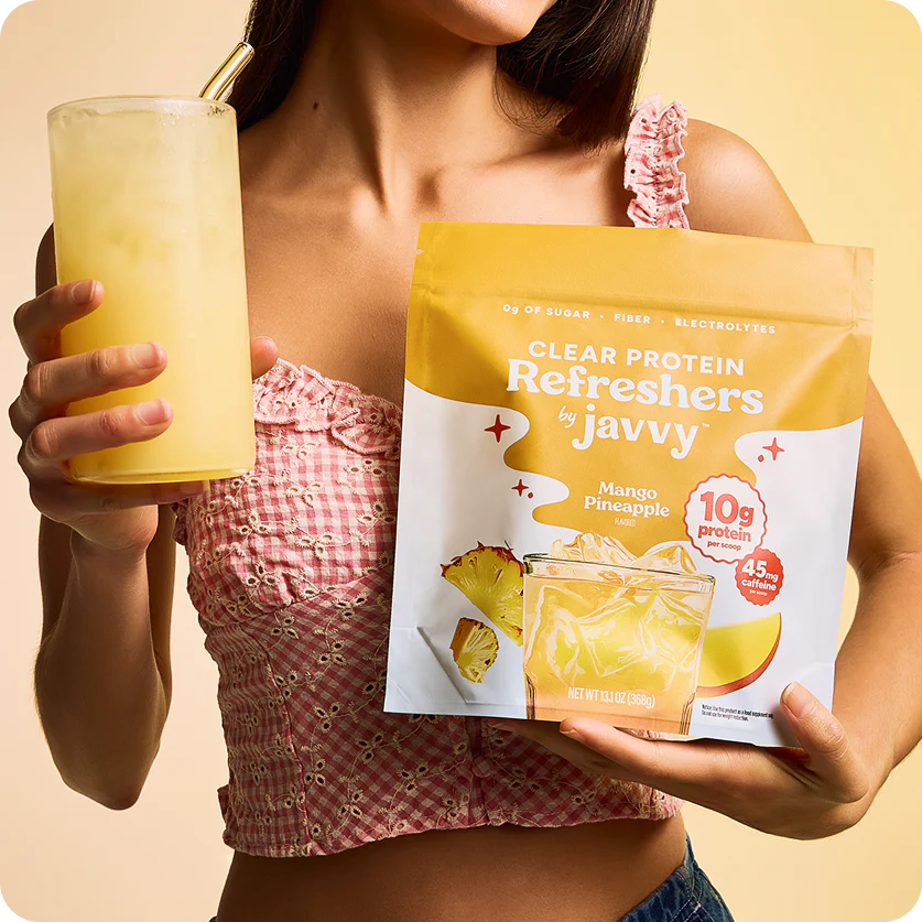 Javvy Protein Refresher in Mango Pineapple flavor — clear protein drink with collagen, electrolytes, and prebiotics