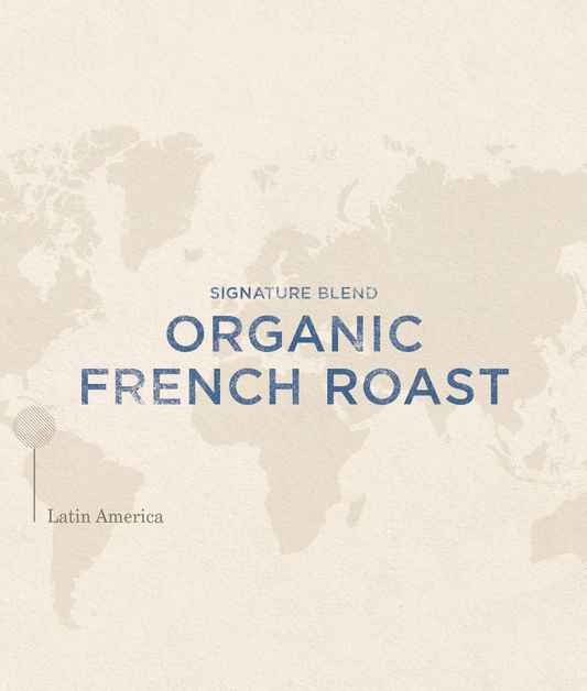 Peet’s Organic French Roast Coffee bag with flavor notes dark chocolate, smoke, and caramel brûlée.