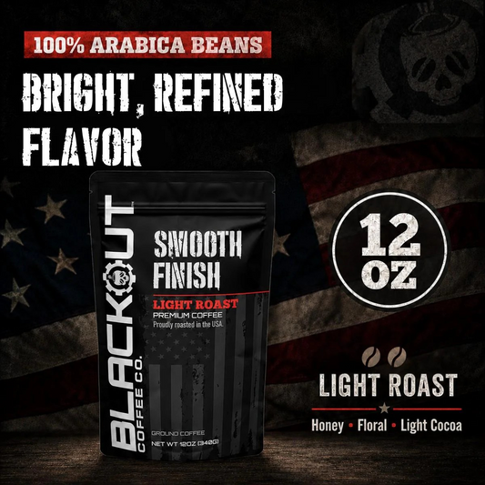 Blackout Coffee Smooth Finish Light Roast 12oz bag — 100% Arabica, bright origin flavor from Central and South America, small-batch roasted in the USA