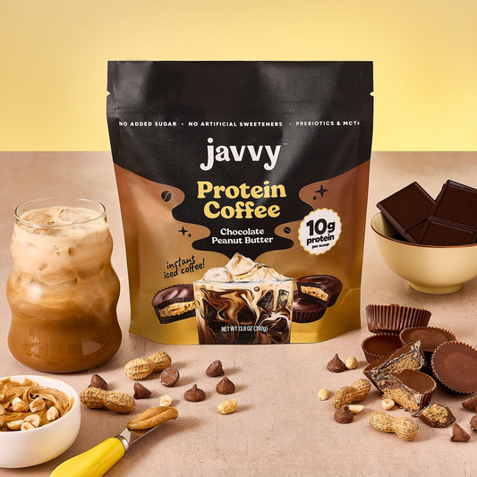 Javvy Chocolate Peanut Butter flavored protein coffee with premium whey protein