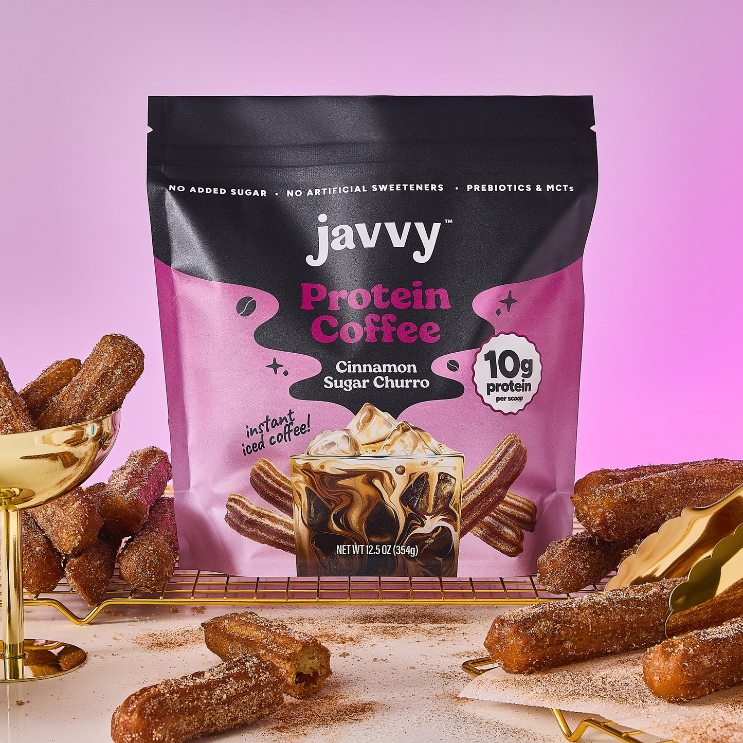 Javvy Cinnamon Sugar Churro flavored protein coffee with premium whey protein