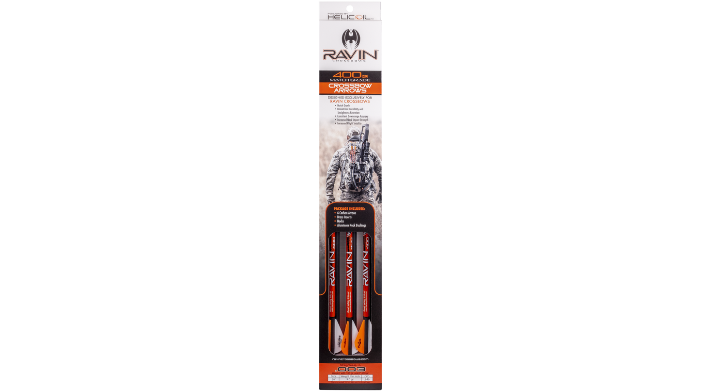 Ravin .003 crossbow arrows 6-pack 400 grain 100% carbon construction with offset vanes and polymer nocks