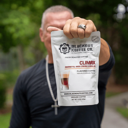 Blackout Coffee Climax flavored coffee bag with amaretto, Irish cream, and coffee liqueur notes