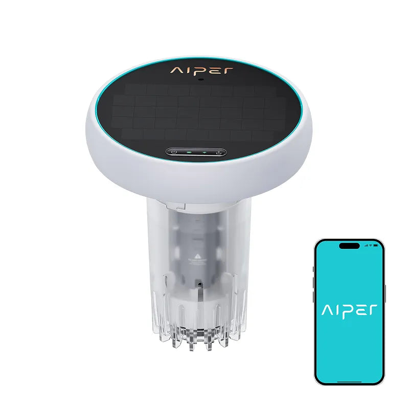 Aiper HydroComm Pro smart pool water monitor floating in blue pool water