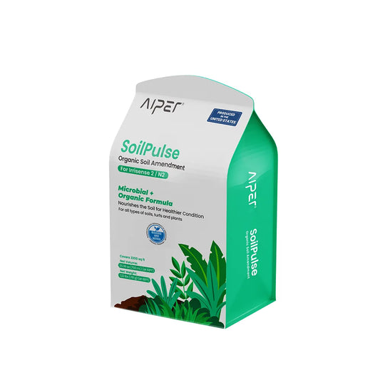 SoilPulse organic soil activator bag on green lawn background