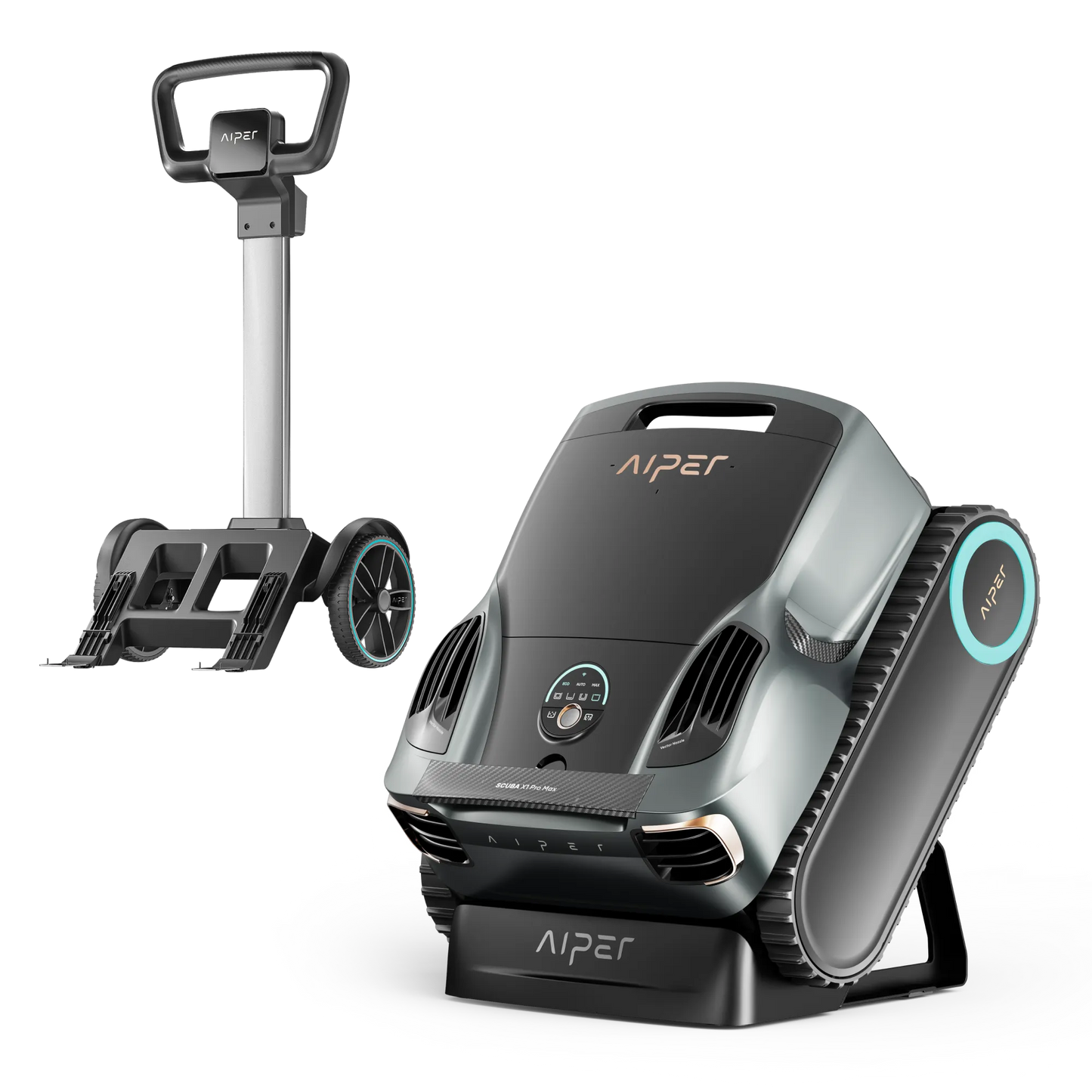 Aiper Scuba X1 Max cordless robotic pool cleaner with caddy bundle on pool deck