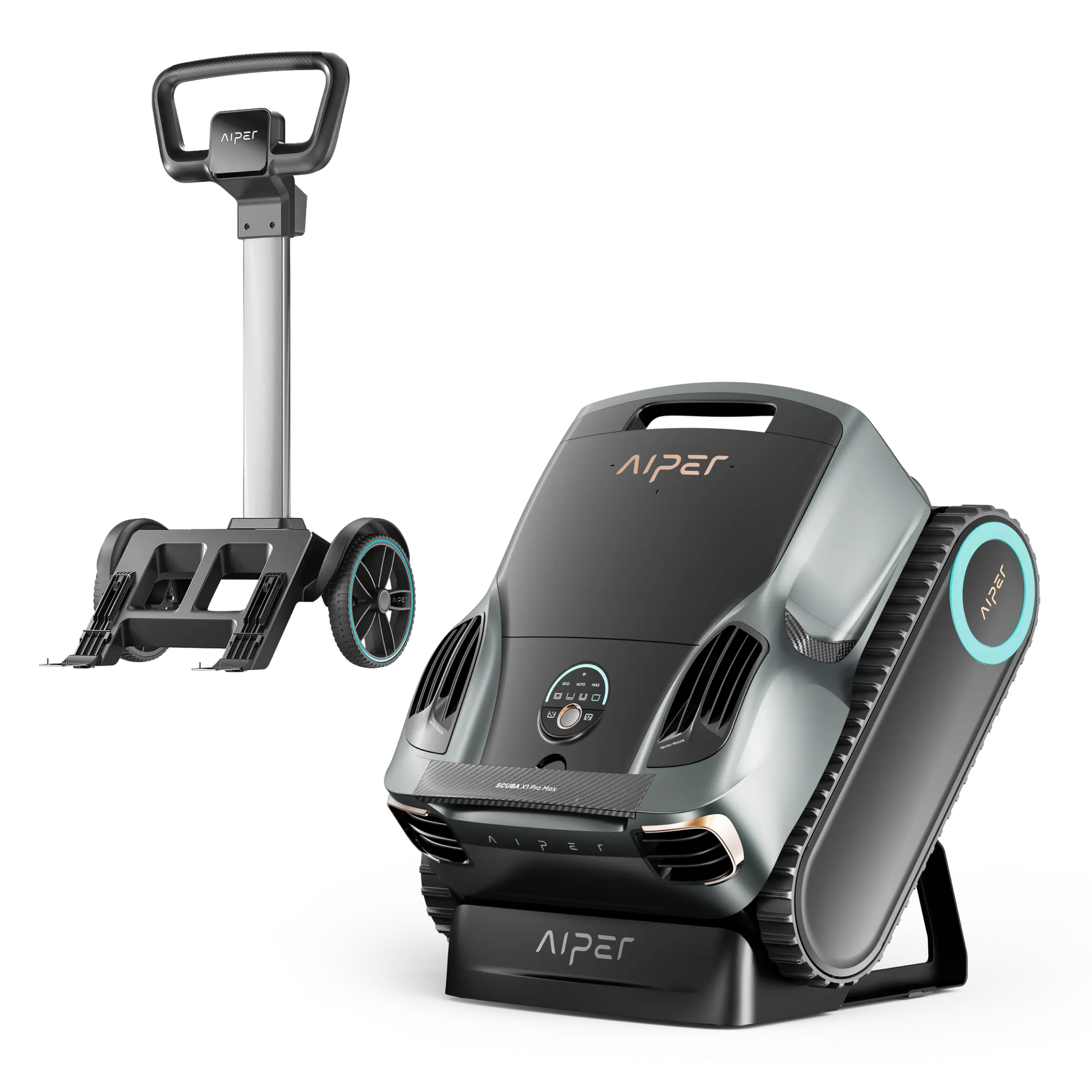 Aiper Scuba X1 Max cordless robotic pool cleaner with caddy bundle on pool deck