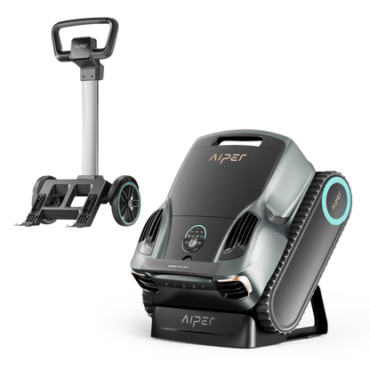 Aiper Scuba X1 Max cordless robotic pool cleaner with caddy bundle on pool deck