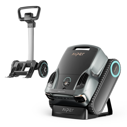 Aiper Scuba X1 Max cordless robotic pool cleaner with caddy bundle on pool deck