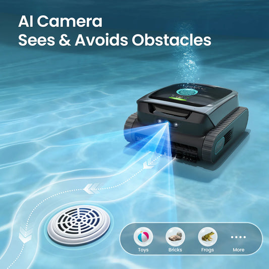 Aiper Scuba V3 AI robotic pool cleaner in white beside swimming pool