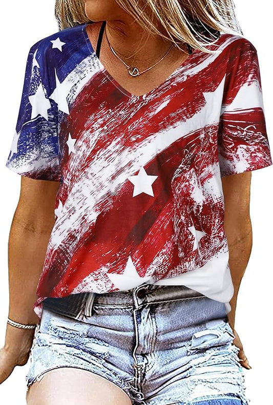 American Flag T Shirt Women USA Star Stripes Fourth July Tee Shirts Casual America Flag Print V Neck Tee Tops