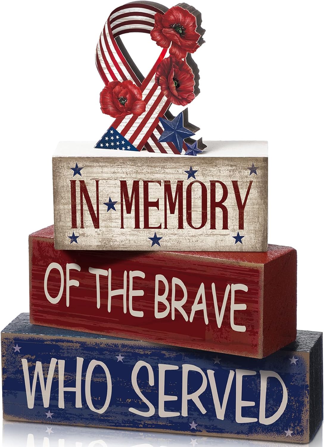 4 piece red white blue wood patriotic tabletop decorations and centerpiece signs for Memorial Day 4th of July tiered tray home shelf and office