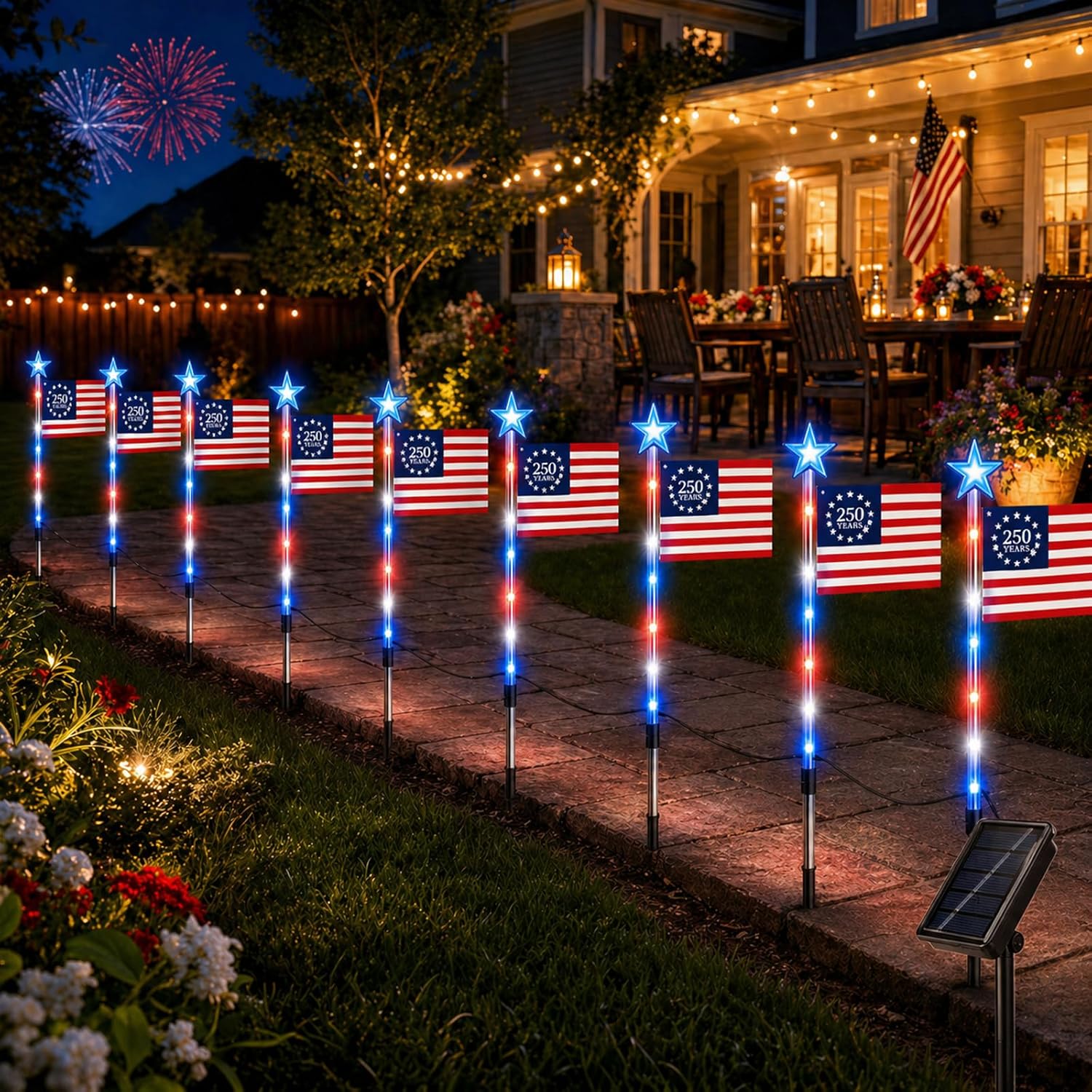 16 piece solar powered American flag patriotic red white blue waterproof LED pathway lights for yard walkway and 4th of July outdoor decoration