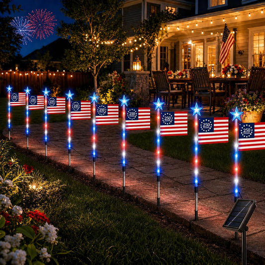 16 piece solar powered American flag patriotic red white blue waterproof LED pathway lights for yard walkway and 4th of July outdoor decoration