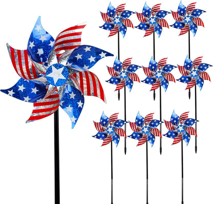 10 pack reflective American flag patriotic pinwheel wind spinners with stakes for Independence Day Memorial Day 4th of July garden yard and bird repellent decoration